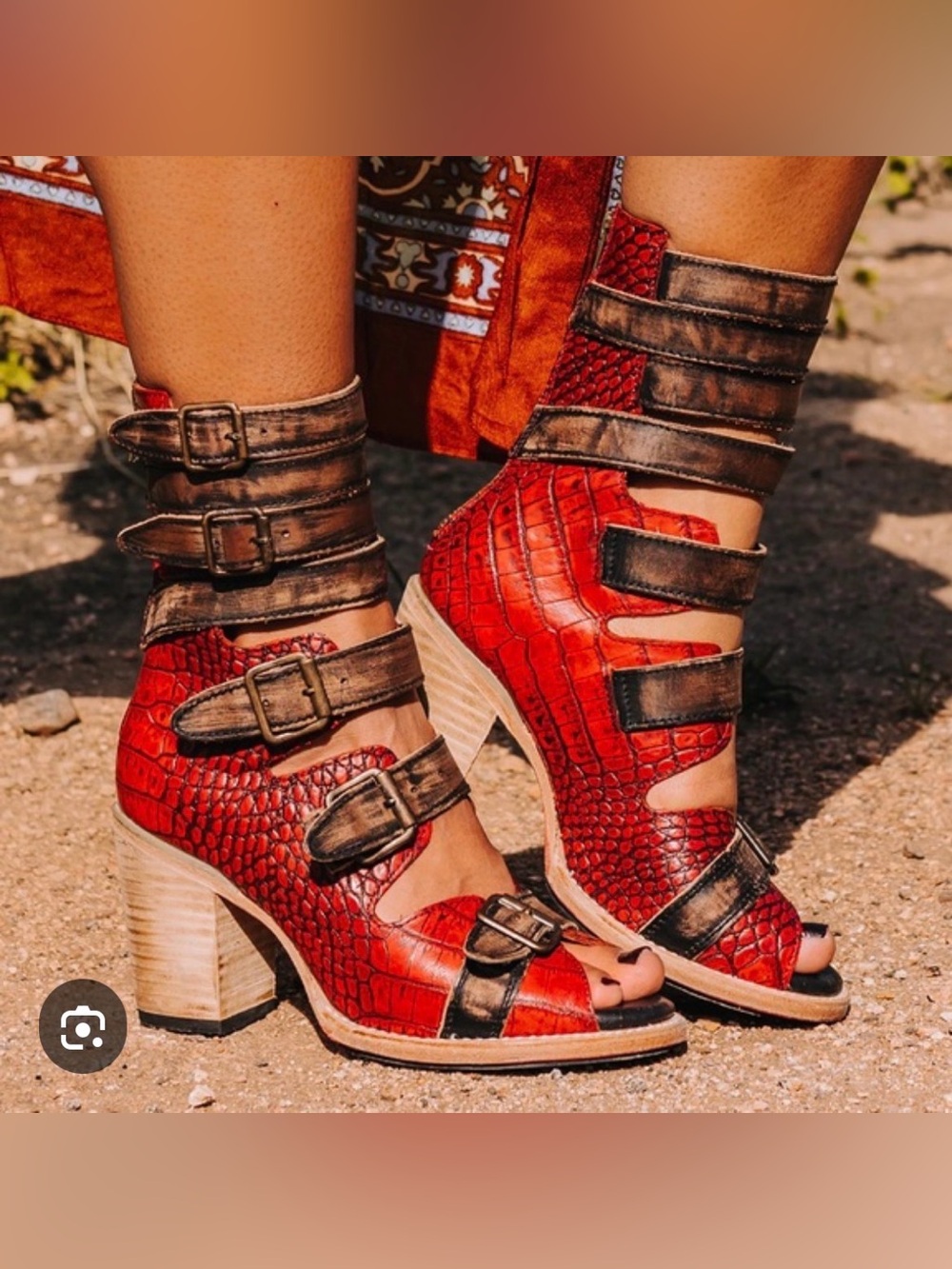 Freebird 6 Women's Red Croc-Texture Strappy Block Heel Sandals